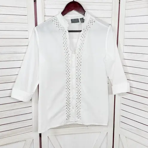 Chico's  Beaded Ruffle Trim Button Front Shirt White Small