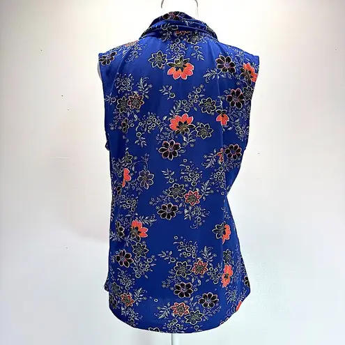 Adrienne Vittadini Blue Retro Floral Sleeveless Blouse Metal Logo Hardware