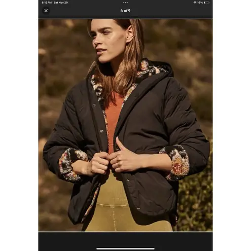 Free People Movement Elevation Jacquard Reversible FleeceJacket Hood Black S NWT