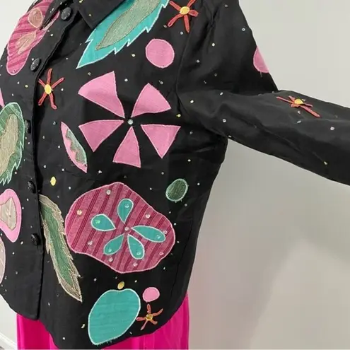Sharon Anthony Art to Wear Silk Jacket with Fun Appliqué Embroidery Size MEDIUM