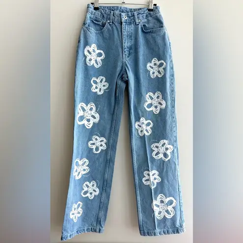 The Ragged Priest High Waist Straight Leg Denim Jeans Relaxed Fit Daisy Print