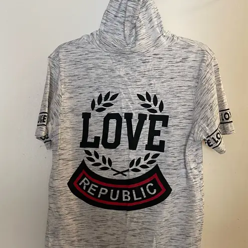 On Fire Love Republic Womens Hooded Hoodie Shirt L Large Short Sleeve Gray White