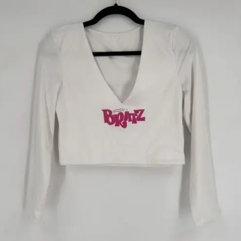 Bratz Long Sleeve Stretch Cropped V Neck Shirt Size Large White & Pink