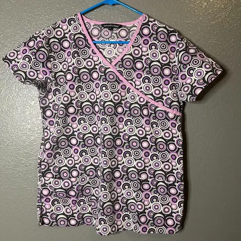 Samantha Mara Purple & Black Circle Print Scrub Top