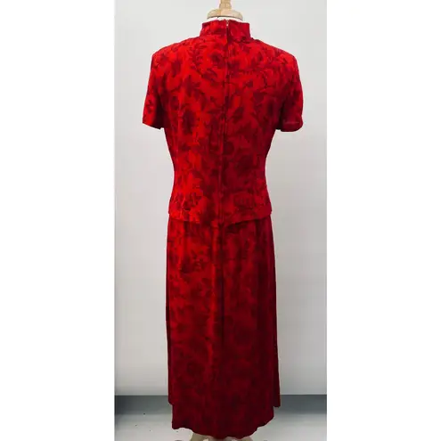 Vintage 90s Qipao Cheongsam Maxi Dress Layered Bodice High Neck Floral Red Black Size 10