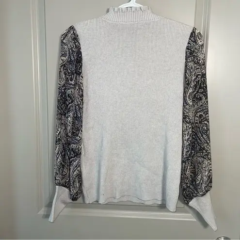 Sioni Milano Ribbed Mock Turtleneck‎ Sweater with Sheer Paisley Puff Sleeves Gray Size M