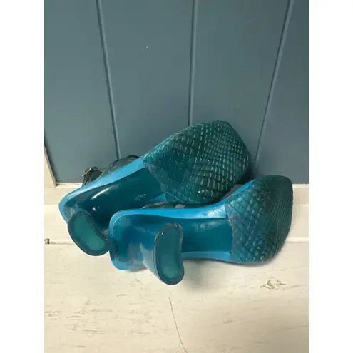 Melissa Do Brasil Y2K Blue Jelly Thong Sandals Heels Platform Size 6 USA