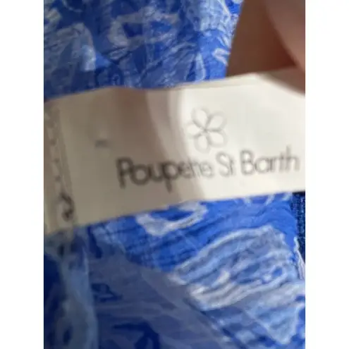 Poupette St Barth 100% Silk Blue Boho Crinkle Tunic Top L Crochet Trim Resort Size L