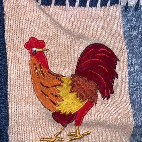 Vintage Fall Autumn Thanksgiving Blue Patchwork Embroidered Knit Zip Sweater 1X