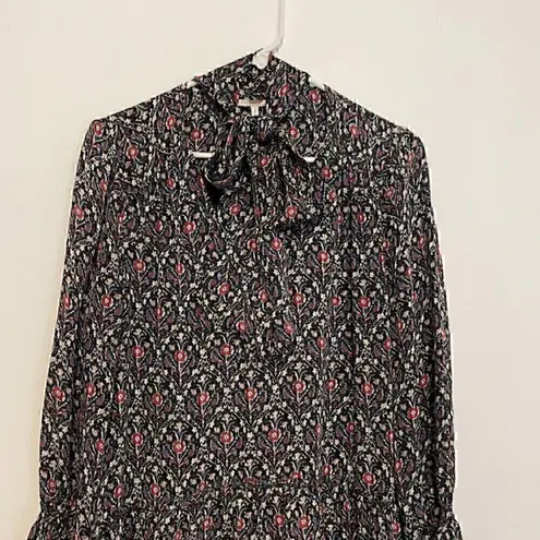 Joie Jamira Dress Black Blue Red Floral Tie Neck Bow Asym Ruffle SILK Mini