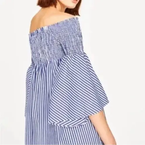ZARA Off the Shoulder Mini Dress Or Tunic Blue & White Striped Pleated sz Small