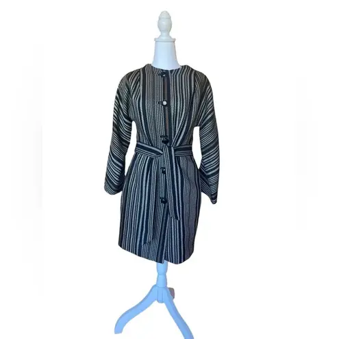 Anne Klein  Black Brown Wool Blend Striped Belted Jacket Coat Womens Size Small