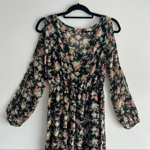 Mystic  Black Floral Sheer Overlay Long Sleeve Cottagecore Maxi Dress M