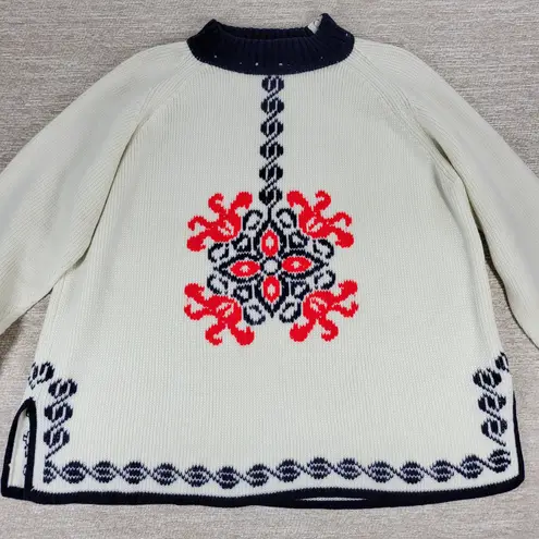 Vintage Nordic Knit Sweater Cream Red Navy Mock Neck Acrylic Wool Blend @L/XL White Size L