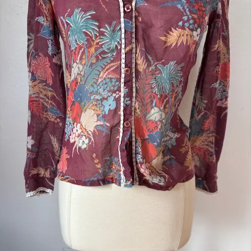 Patty’s Of Texas Vintage 1970s Floral Maroon Western Boho Button Down Shirt