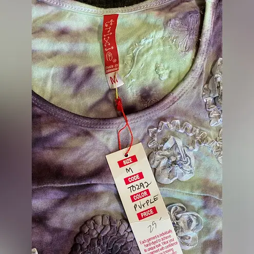 Trixie Tie Dye Purple/Teal Sleeveless Blouse Beads Ribbon Embroidery Size M NWT Purple Size M