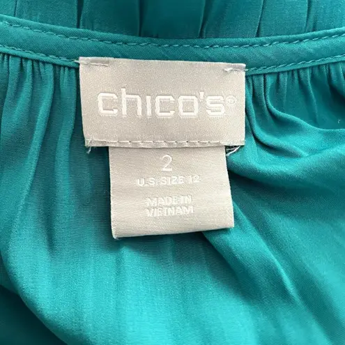 Chico's  2 Midi Dress 12 Teal Green Crinkle Pleated 3/4 Sleeve Button Up Tie Waist