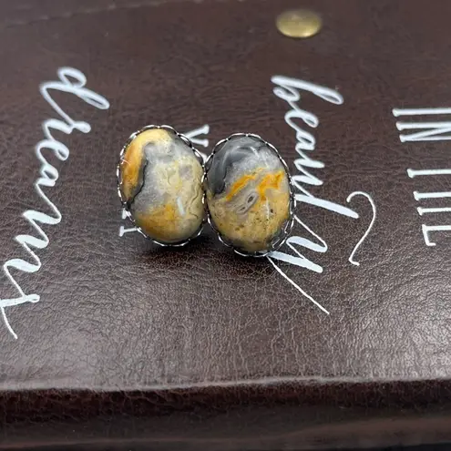 Mexican Crazy Lace Agate Earrings • Natural Stone • Stainless Steel Stud Backs Orange