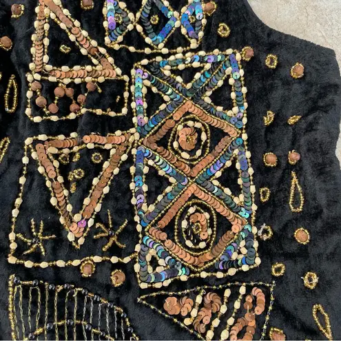 Vintage 90s Effeci Black Velvet Beaded Sequin Open Front Vest. Size undefined