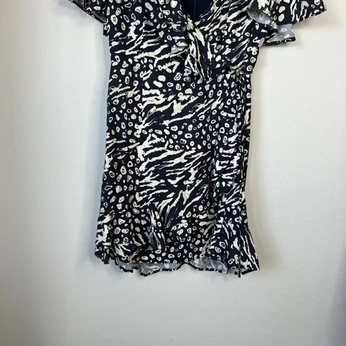 REBECCA VALLANCE Flores Wrap Effect Ruffled Printed Crepe Mini Dress 6 Black