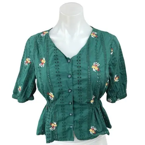 Only Green Yellow Floral Embroidered Button Down Peplum Blouse Top Size 10