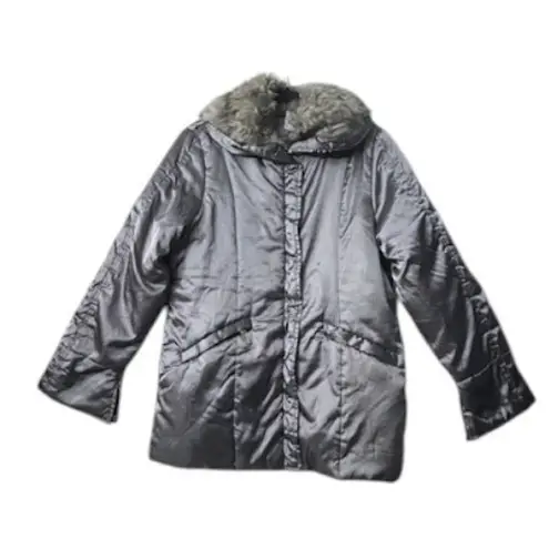 Silver Puffer Coat L Faux Fur Collar Outerwear Cabin Core Cozy Chic Ski Resort Size L