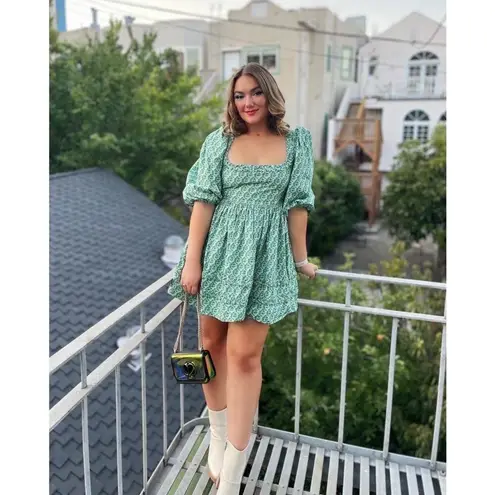 RHODE Green Printed 100% Cotton Hourglass Square Neck Daya Mini Dress Size 6