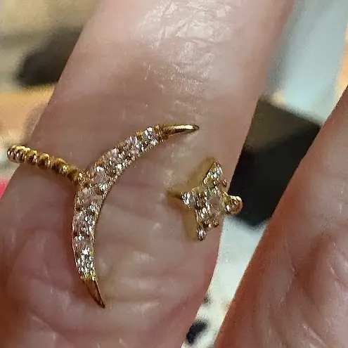 Boutique NEW Gold Plated S925 Crescent Moon and Star Simulated Diamond Ring, Adjustable