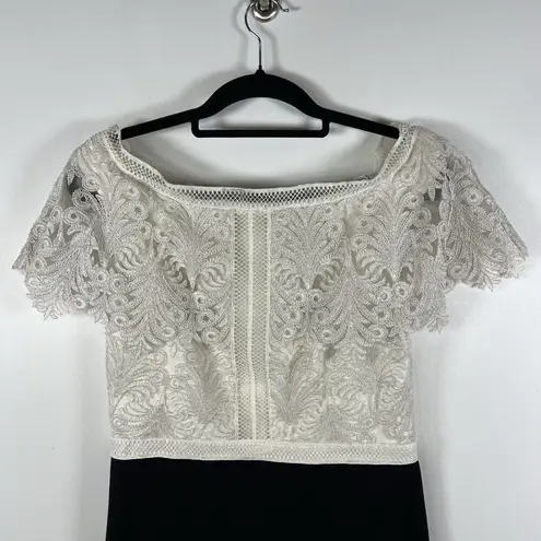 Tadashi Shoji Womens Lace Midi Dress Size 8 Black Cream Cap Sleeve Designer