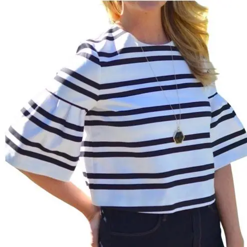 ZARA  Trafaluc Crop Top White Black Stripe Flared Sleeves L - EUC