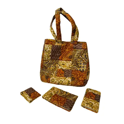 Daren's Bags Quilted Patchwork Tote Purse with Accessories Brown Yellow Orange
