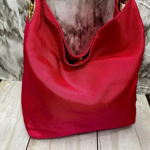 Bold Pink Large Durable Nylon Hobo Tote Bag Single Strap Everyday Multi Pockets