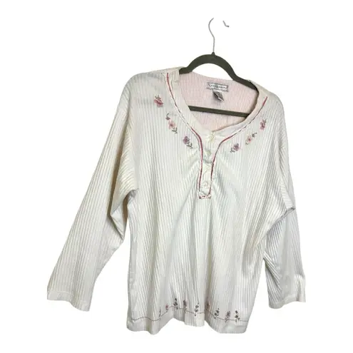 Earth Angels Vintage Floral Embroidered Cottagecore Henley Top L Soft Knit