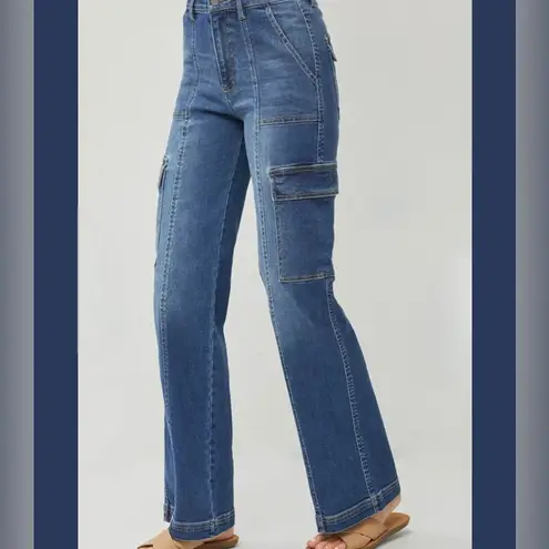 Risen High Rise Wide Leg Cargo Jeans Size 9 / 29 Utility Stretch Denim Relaxed Blue