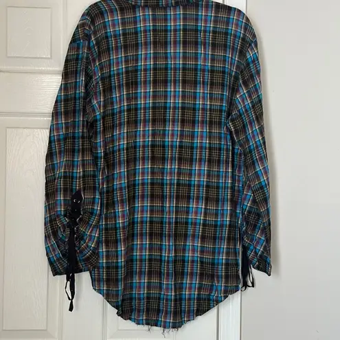 Brand New Savage X Fenty Tied Up Tartan Raw Hem Sleep Shirt Plaid Blue Size XL