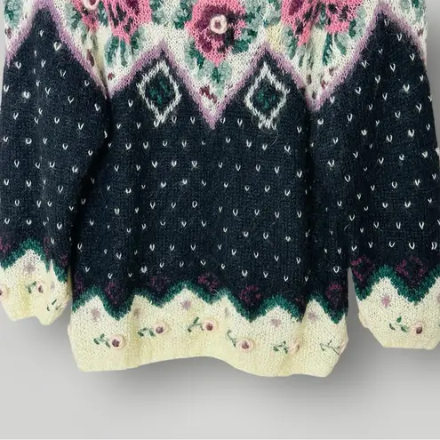 VTG Jennifer Reed Floral Fair Isle Sweater Hand Knit Small Cottagecore Grandma Black