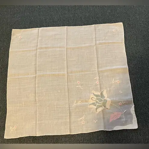Antique Soft Cotton Floral Embroidered Handkerchief Pink White
