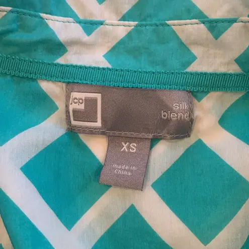 JCPenny Aqua Diamond Pattern 3/4 Sleeve Cotton Silk Blouse Top Women’s XS Blue