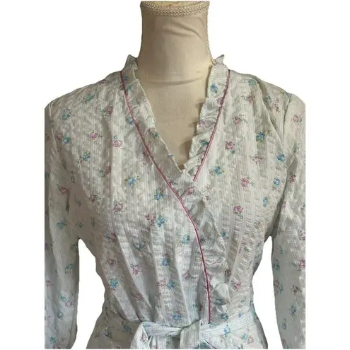 Vintage Miss Elaine Seersucker Robe Blue & Pink Floral Ruffles Wrap Style Sz M Size M