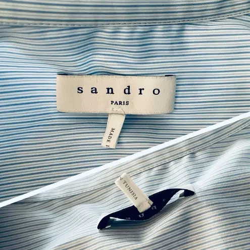 Sandro  Midi Shirt Dress Two Toned Blue Stripes Top Pleated Red skirt size 40