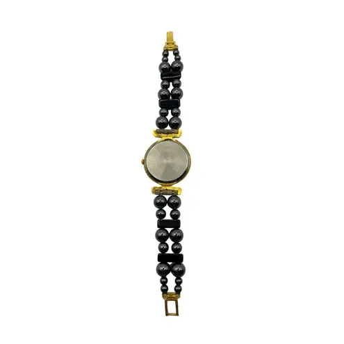 Vintage Kara Jordan Quartz Watch With Black Beaded Bracelet & Gold Accents A32