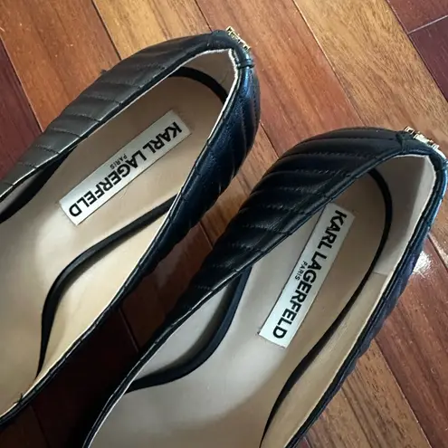 Karl Lagerfeld Rosette Pumps Heels Leather Pointed Black Size 7M Evening Ribbed