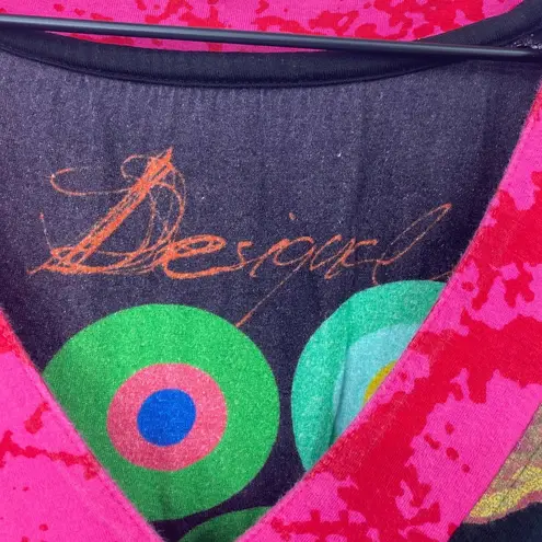 Desigual Printed Geisha Girl Mini Dress V-neck Wrap Belt Tunic Black Pink XS