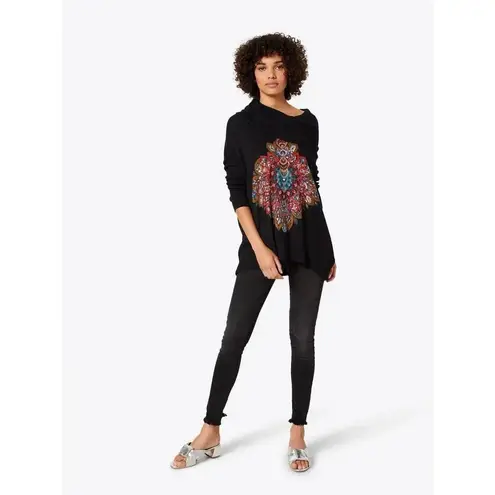 Desigual Casandra Jumper Sequin Paisley Knit Funnel Turtleneck Sweater Black L