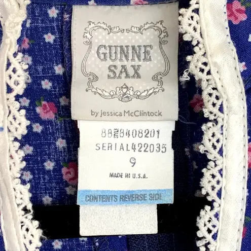 Gunne Sax Vintage 80s Calico Floral Prairie Midi Dress in Blue