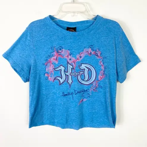 Harley Davidson Jamaica Blue & Pink Fire Heart Cropped Top Tshirt Size L