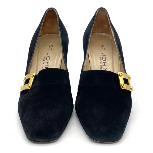St. John Black Suede Gold Buckle Heels Made in Italy Pumps Size 7 Vintage 80s