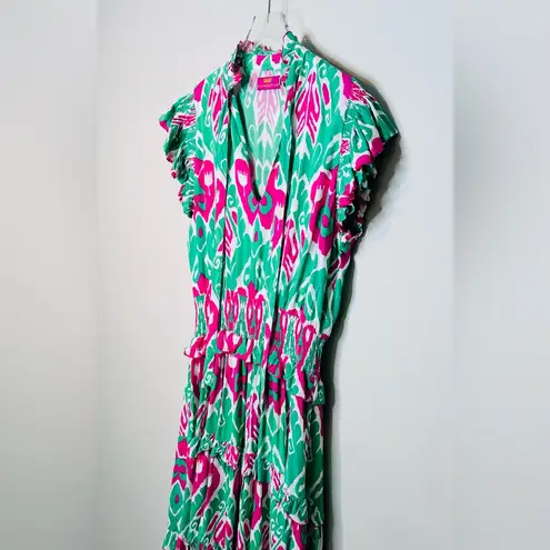 Feather & Find Pink Green Ikat Manifest Peace Midi Tiered Dress Size XL