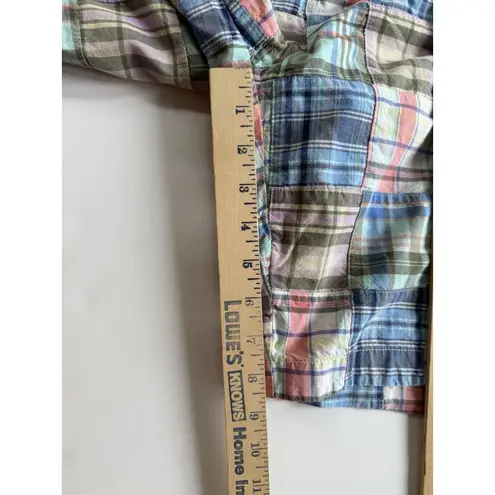 LL Bean Chino Shorts Madras Size 18 Favorite Fit Blue Patchwork Plaid Cotton