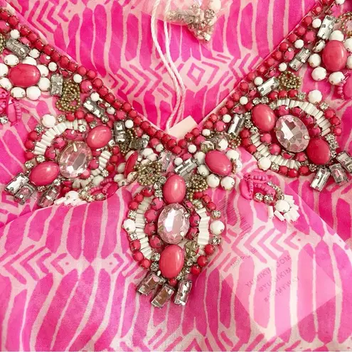 Yumi Kim NWT Maze Cover Up Jeweled Beaded Cinched Kaftan Hot Pink Sheer Size M/L